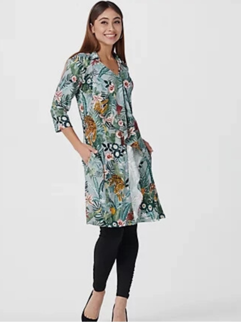 Jungle Print 🌴 V-Neck Button Up Tunic Top in Teal